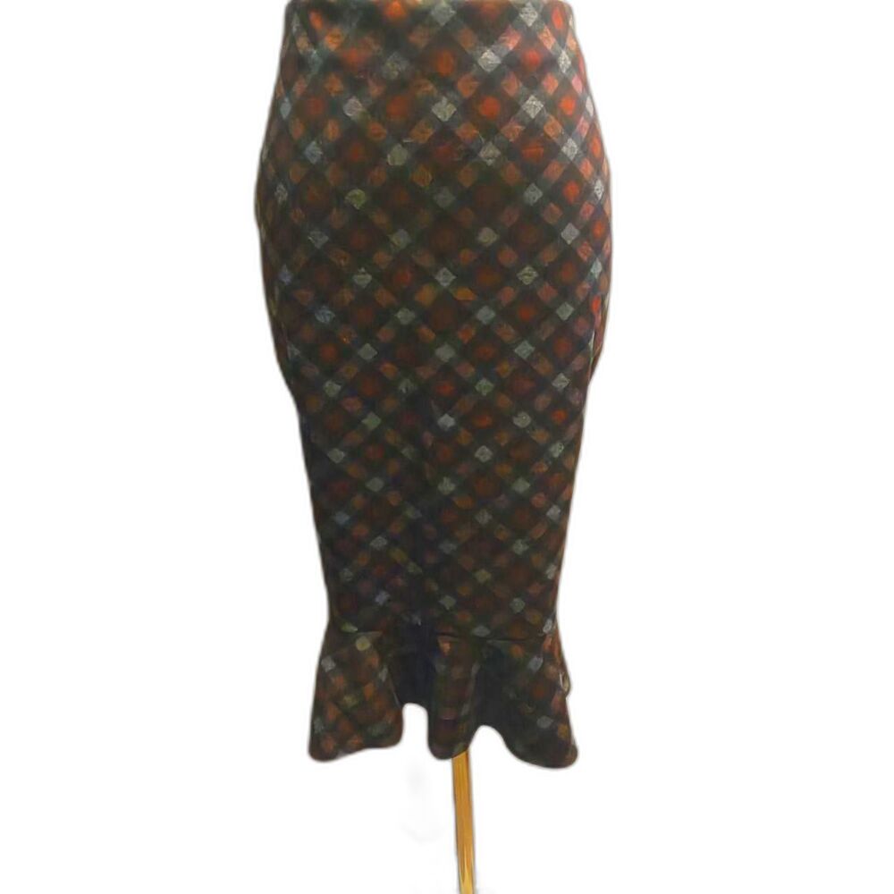 Carole Wren red and gray plaid stretch knit pencil skirt